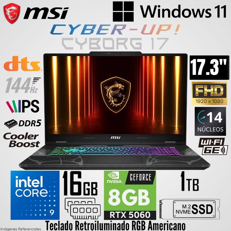 Laptop Cyborg 17 B2RWFKG Intel Core 9 270H 16GB RAM 1TB SSD RTX 5060-8GB 17.3" FHD 144Hz