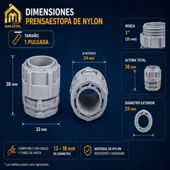 GENERICO - PRENSAESTOPA DE PVC DE 1 PULGADAS GRIS PAQUETE X 4 UNID PARA TUBO CORRUGADO