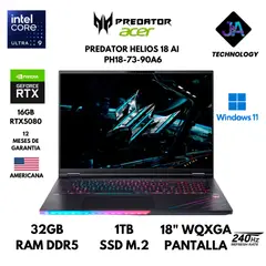 ACER - LAPTOP PREDATOR HELIOS 18 AI ULTRA 9 275HX 32GB 1TB SSD 16GB RTX5080 18" WIN 11 AMERICANA