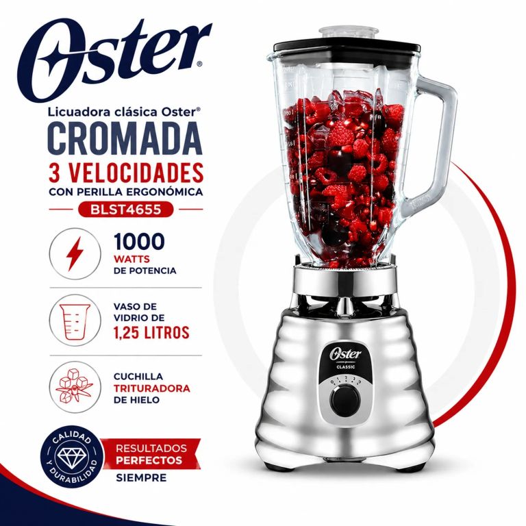 Licuadora clásica Oster® cromada 3 velocidades con perilla ergonómica BLST4655
