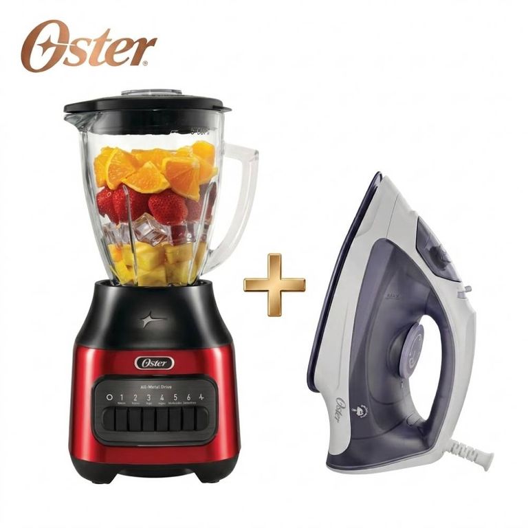 Combo Oster: Licuadora BLSTPEG-CPB 1.5L + Plancha a Vapor Ligera GCSTBS3802