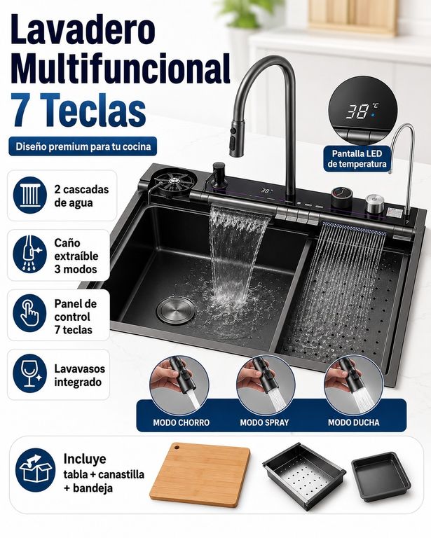 LAVADERO MULTIFUNCIONAL DE COCINA 7 EN 1 CON LUCES 7 TECLAS + MEZCLADORA