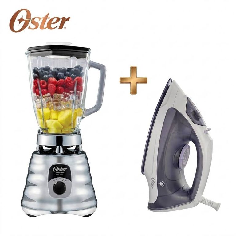 Combo Oster: Licuadora con Perilla BLST4655 053 cromado + Plancha de Vapor Ligera GCSTBS3802