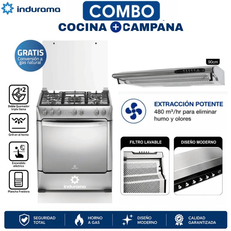 Cocina de 5 Quemadores Firenze Zafiro + Campana