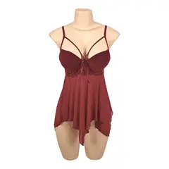 GENERICO - Babydoll Sexy de Tul y Encaje con Copa Acolchada y Varilla Guinda