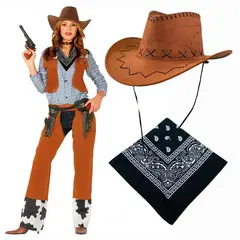 GENERICO - Set Vaquero Mujer Sombrero y Pañuelo Rojo