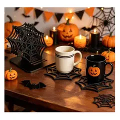 GENERICO - Set x 6 Posavasos Telaraña de Trupán con Base Soporte – Decoración Halloween 7 Piezas