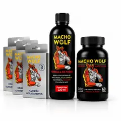 MACA WORKS - Pack Macho Wolf Bebida, Frasco Cápsulas y 3 Cajitas de Condones