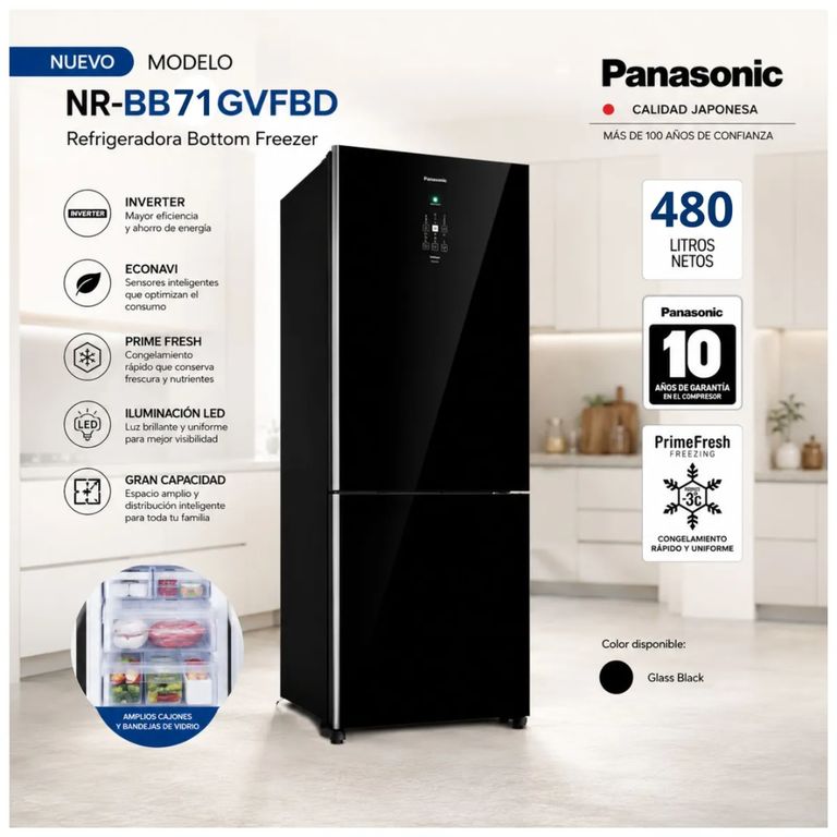 Refrigeradora 480L Bottom Freezer Inverter Antibacteria NR-BB71GVFBD