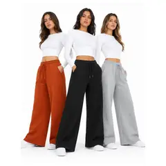 ENKI - PACK X3 PANTALÓN PALAZZO MUJER FRANELA ALGODÓN WIDE LEG CINTURA ELÁSTICA NEGRO LACRE GRIS