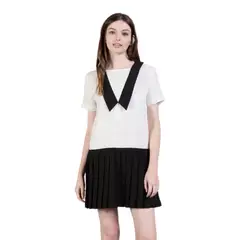 MARTINELA - Vestido Mujer Corto Mini Bicolor Blanco y Negro con Falda Plisada