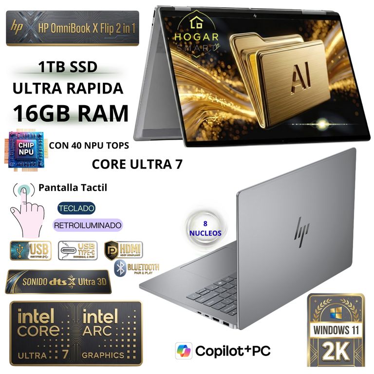 Laptop OmniBook X Flip 16” 2-en-1 Ultra 7 256V 16GB 1TB SSD Táctil WUXGA Windows 11 Pro