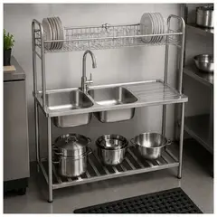 XM - Lavadero de Cocina 2 Pozas con Escurridero y soporte Acero de 120 cm