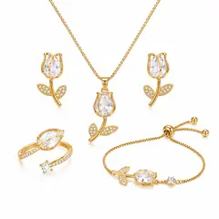 GENERICO - Set Tulipán Mujer Collar Aretes Pulsera y Anillo Ajustable Joyería Elegante Regalo