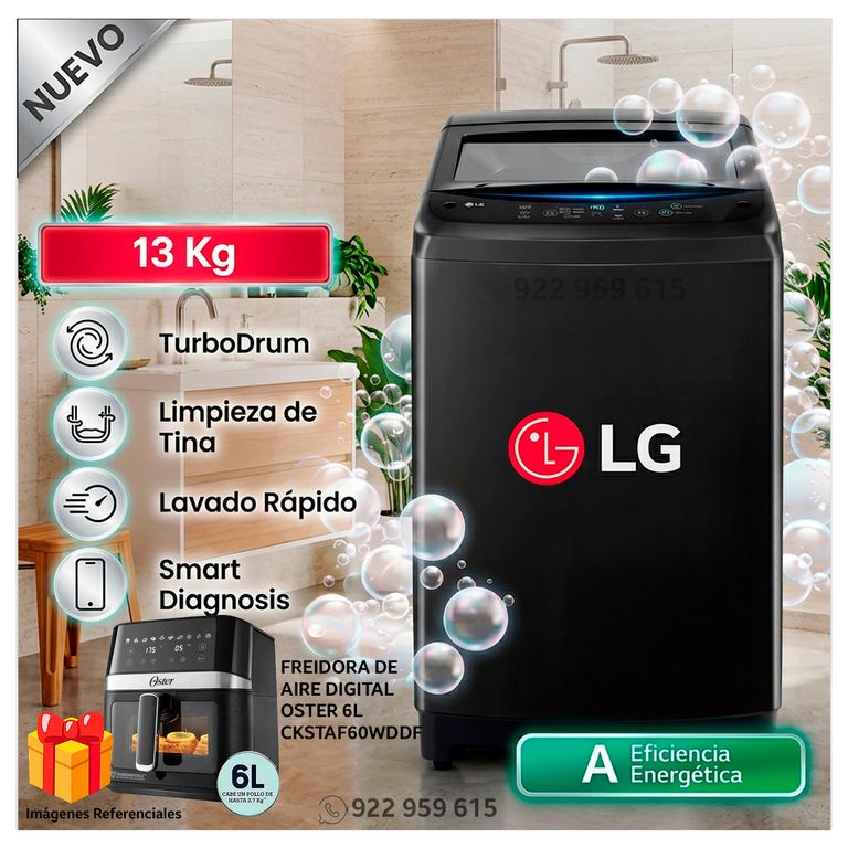 Lavadora 13Kg Carga Superior WT13OBVTB Onyx Negro + Freidora de Aire Oster 6L