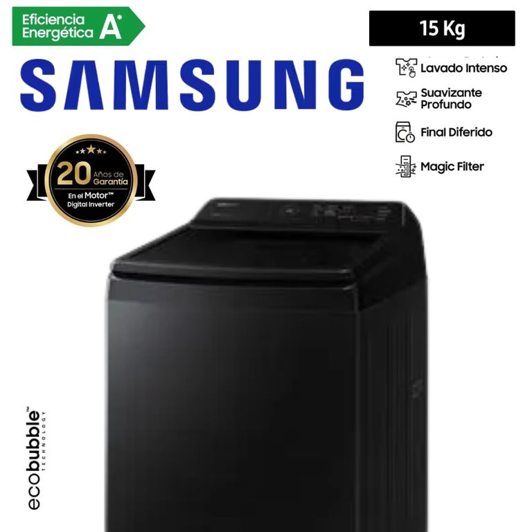 LAVADORA 15KG COLOR NEGRO MOD WA40F15E4CPE