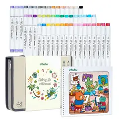 OHUHU - Honolulu B: Set de 48 marcadores de alcohol doble punta básicos + Libro Coloreable