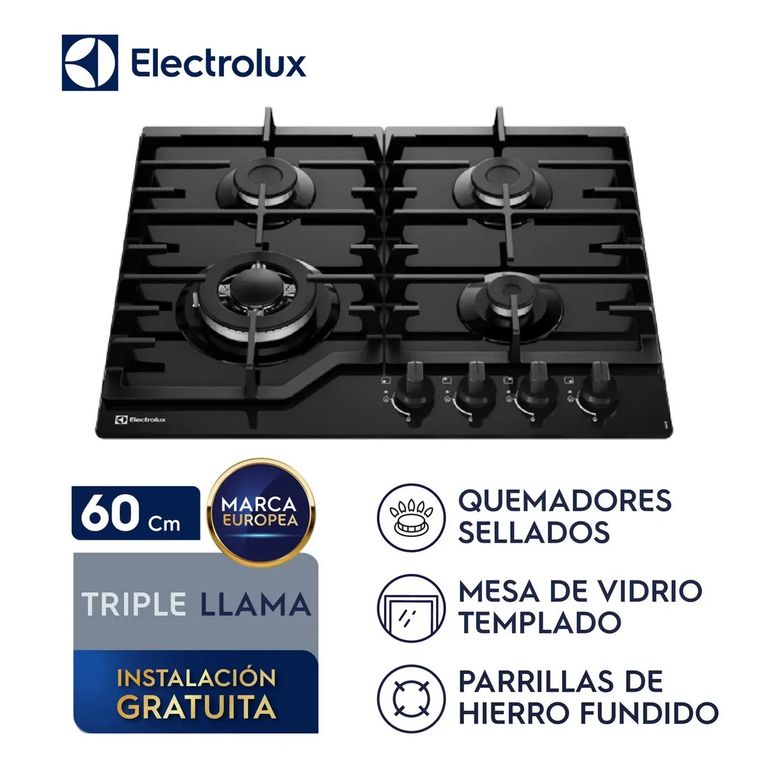 Encimera a gas 4 hornillas 60cm mesa de vidrio Negro KE4CB