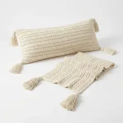 ZALMOHADAS - Set Cojín + Manta Boho Trenzas XL Beige con Borlas