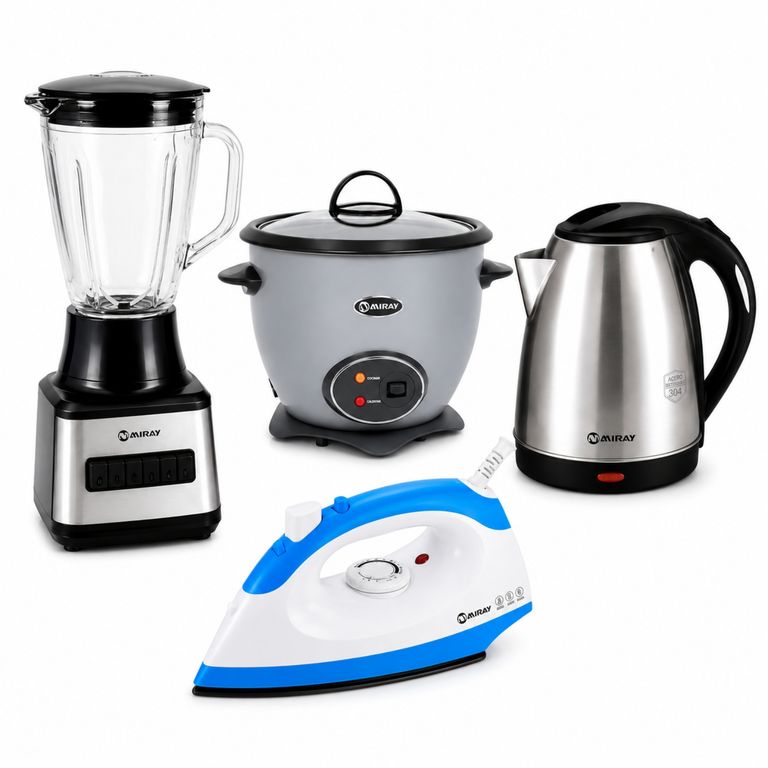 Combo Licuadora 1.5L Negra + Olla Arrocera 1.5L Gris + Hervidor 1.8L Gris + Plancha 1200W Azul