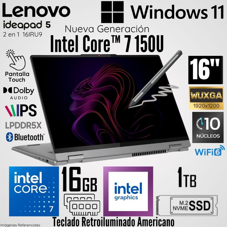 Laptop IdePad 5 2 en 1 16IRU9 Intel Core 7 150U 16GB RAM 1TB SSD 16" WUXGA Táctil - Luna Grey
