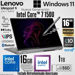 LENOVO - Laptop IdePad 5 2 en 1 16IRU9 Intel Core 7 150U 16GB RAM 1TB SSD 16" WUXGA Táctil - Luna Grey