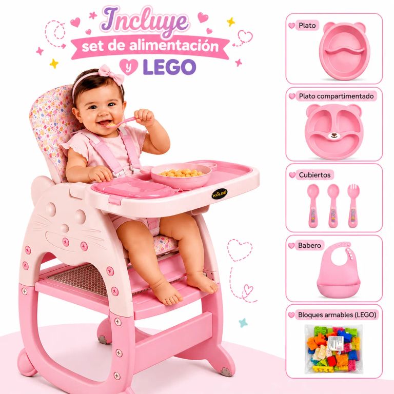 Silla de Comer Carpeta Musical con Bluetooth Incluye Set Alimentación Rosado
