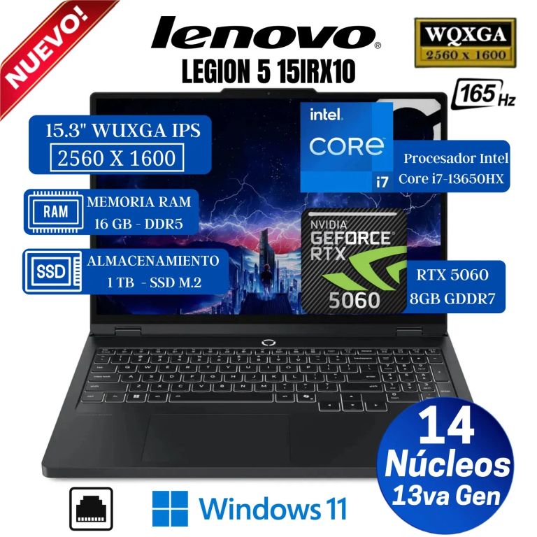 Laptop Legion 5 15IRX10 15.3” WUXGA IPS, Core i7-13650HX, Ram 16GB, Ssd 1 TB, RTX 5060 8GB