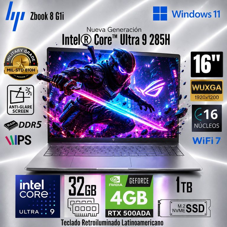 Laptop Zbook 8 G1i Intel Core Ultra 9 285H 32GB RAM 1TB SSD RTX 500 ADA-4GB 16" WUXGA
