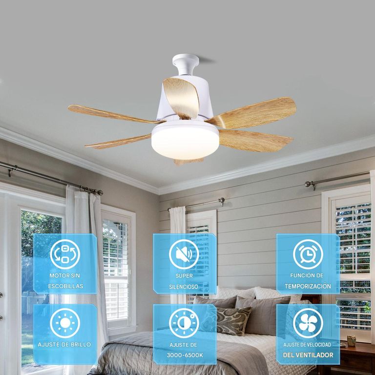 Foco ventilador de Techo LED Ultra Silencioso 30W, 6 aspas, color madera