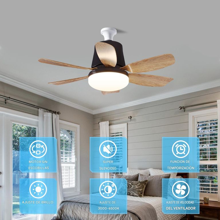 Foco ventilador de Techo LED Ultra Silencioso 30W, 6 aspas, negro madera