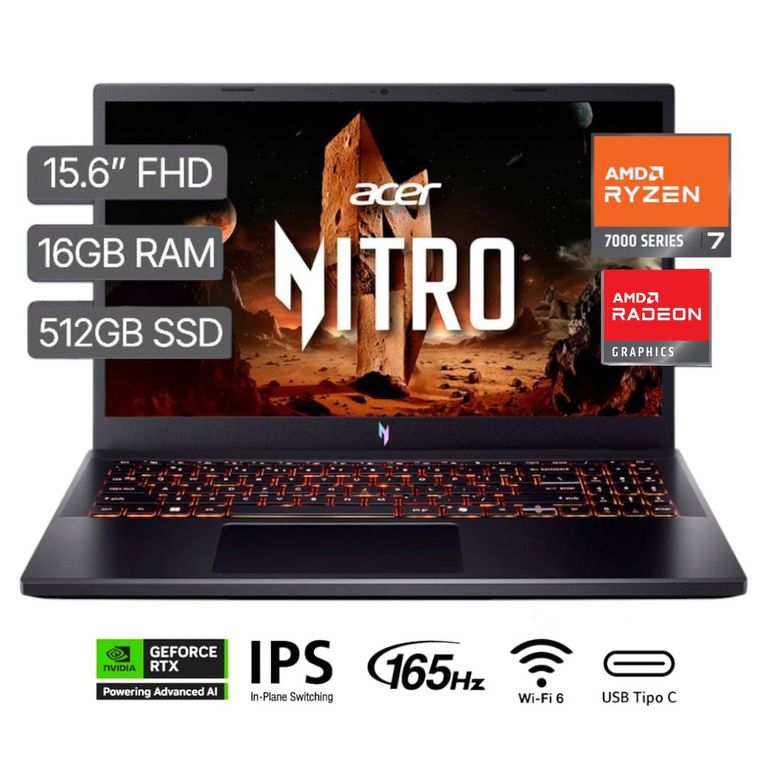 Laptop Gamer Nitro RYZEN 7 7445HS 16GB 512SSD RTX4050-6GB 15.6FHD WINDOWS 11