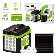 CAFINI - Batería Estación Banco Energía Portátil 12V con Panel Solar Linterna 3 Focos Colgantes Camping USB