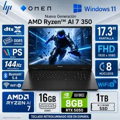 HP - Laptop Gamer OMEN AMD Ryzen AI 7 350 16GB 1TB SSD RTX 5050 8GB 17.3" FHD 17-DB1001LA