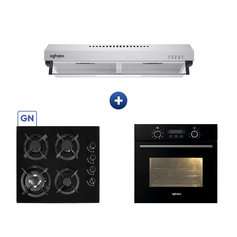 Combo Cocina Empotrable 60cm Encimera Gas Natural 4H + Horno Eléctrico 60L + Campana Inox