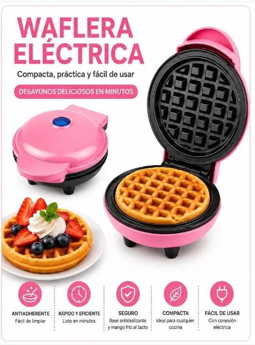 Waffle Maker Mini Eléctrica Antiadherente Compacta para Waffles Caseros 350W Rosa
