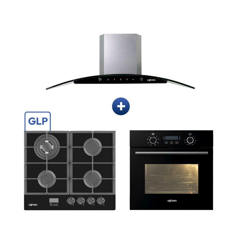 Combo Cocina Empotrable 60cm Encimera GLP 4H + Horno Eléctrico 60L + Campana Chimenea Touch