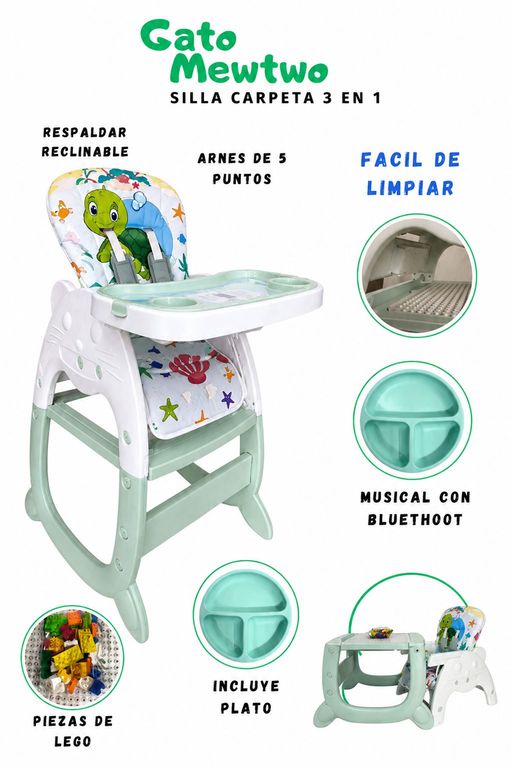 Silla de Comer para Bebé 3 en 1 Gato Reclinable con Arnés de 5 Puntos Bluetooht Verde