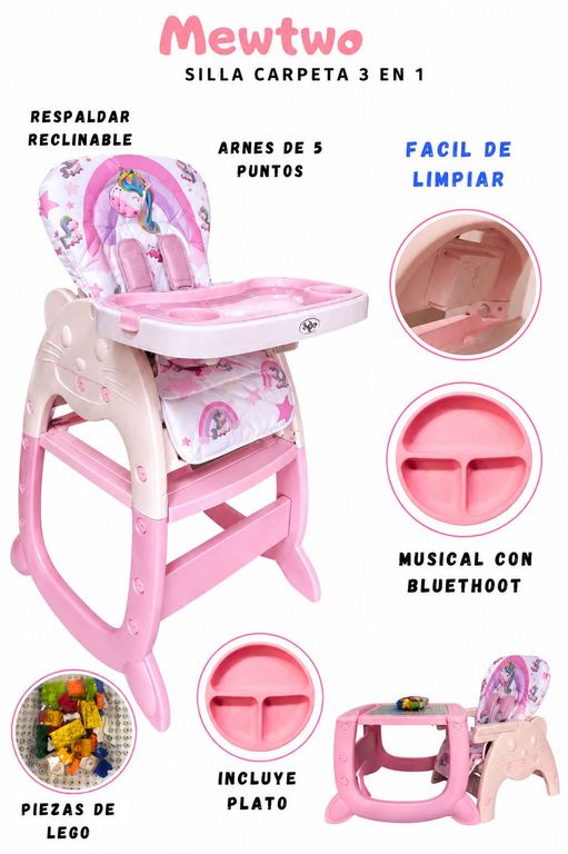 Silla de Comer para Bebé 3 en 1 Gato Reclinable con Arnés de 5 Puntos Bluetooht Rosado