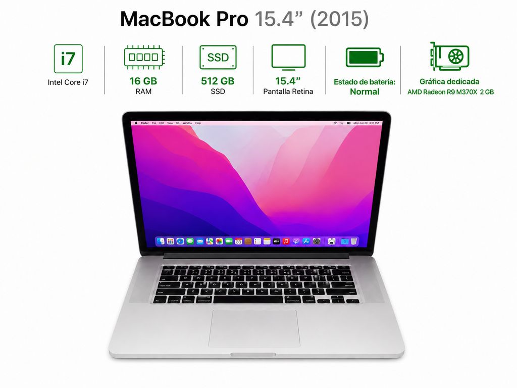 MacBook Pro 2015 15.4" Retina Core i7 16GB RAM 500GB SSD Reacondicionada Grado A