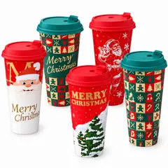 GENERICO - Set de 12 Vasos Plasticos con Tapa Navideños Chocolatada 500ml