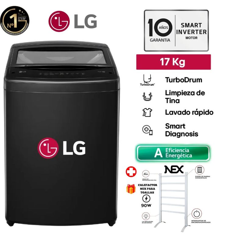 Lavadora 17Kg Smart Inverter Turbodrum WT17OBVTB Negro Onyx + Calefactor de Toallas NEX