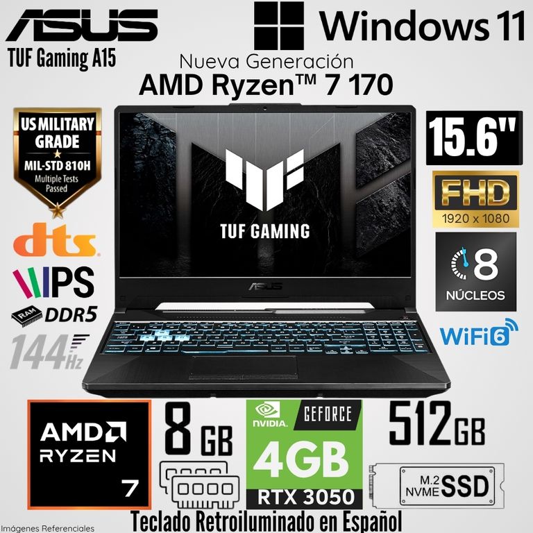 Laptop TUF Gaming A15 FA506NCQ AMD Ryzen 7 170 8GB RAM 512GB RAM RTX 3050-4GB 15.6" FHD 144Hz