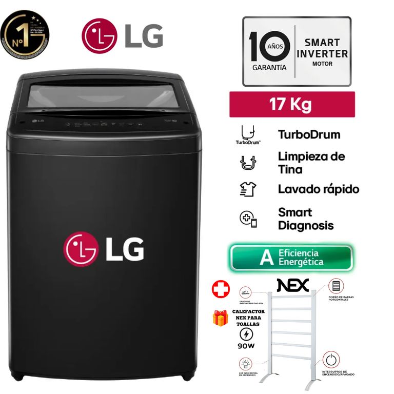Lavadora 17Kg Smart Inverter Turbodrum WT17OBVTB Negro Onyx +Calefactor de Toallas NEX