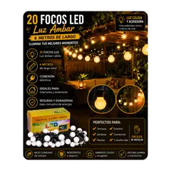 GENERICO - Foco Luces Led Guirnaldas 6 Metros 20 focos Luz Amabar para Exterior Balcon Terrazas Jardín Fiesta