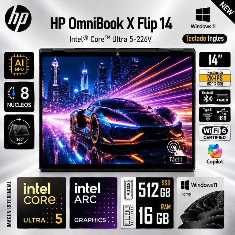 LAPTOP 14-FM0013DX INTEL CORE ULTRA 5-226V 16GB 512GB SSD 14" 2K TACTIL WIN11