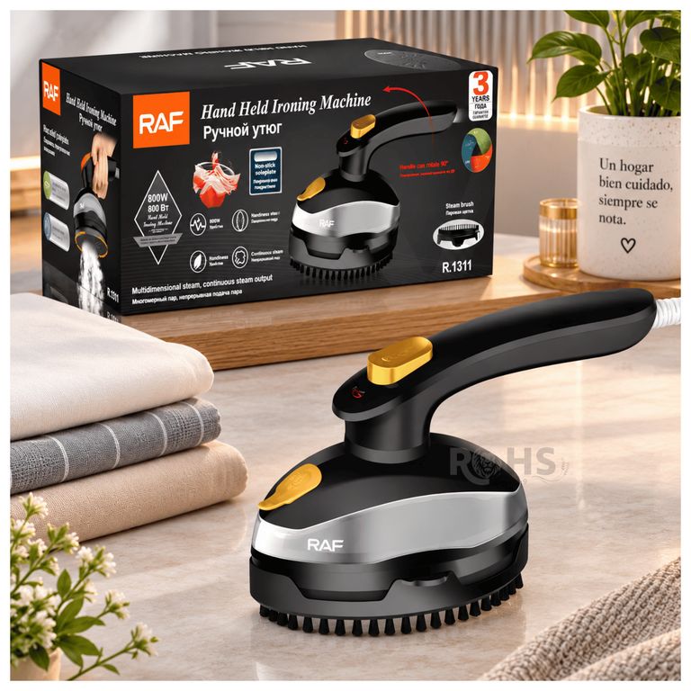 Plancha a Vapor de Mano RAF R.1311 - 800W - Mini Portátil para Ropa - Color Negro
