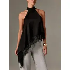 GENERICO - Blusa asimétrica satinada con encaje cuello halter para mujer