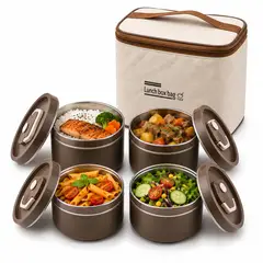 INSPIRA MARKET - Pack x4 Lonchera Térmica con Recipientes de Acero Inoxidable Color Marrón