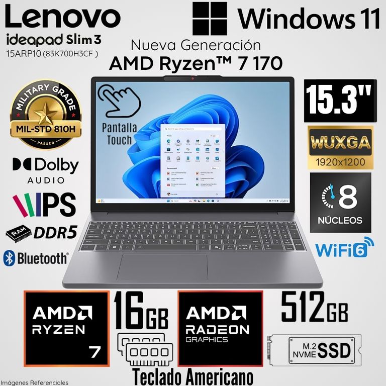 Laptop IdeaPad Slim 3 15ARP10 AMD Ryzen 7 170 16GB RAM 512GB SSD 15.3" WUXGA Táctil